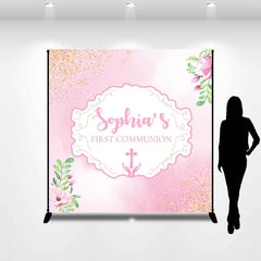 Lofaris First Communion Pink Floral Custom Baptism Backdrop