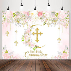 Lofaris First Holy Communion Floral Pink Baptism Backdrop