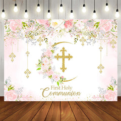 Lofaris First Holy Communion Floral Pink Baptism Backdrop