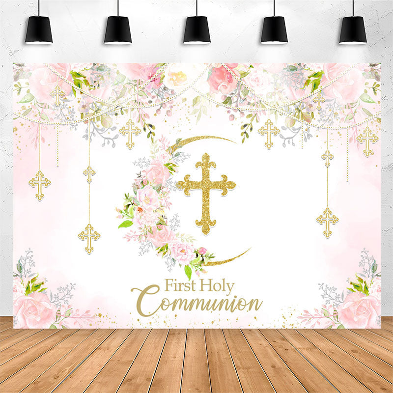 Lofaris First Holy Communion Floral Pink Baptism Backdrop