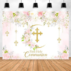 Lofaris First Holy Communion Floral Pink Baptism Backdrop