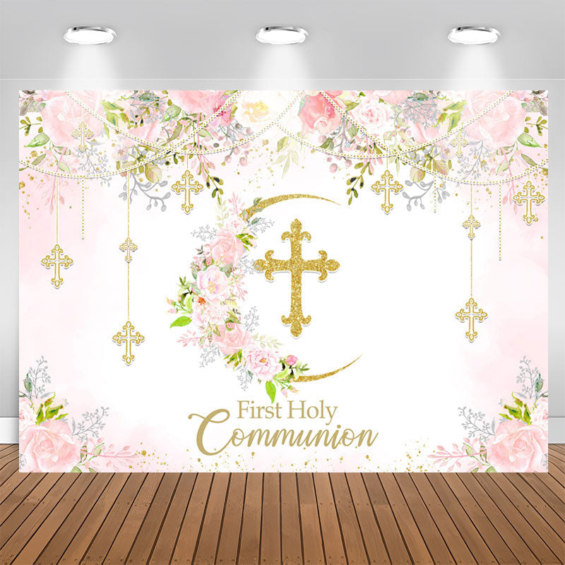 Lofaris First Holy Communion Floral Pink Baptism Backdrop