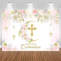 Lofaris First Holy Communion Floral Pink Baptism Backdrop