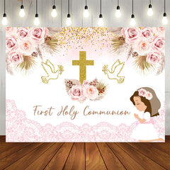 Lofaris First Holy Communion Pink Floral Baptism Backdrop