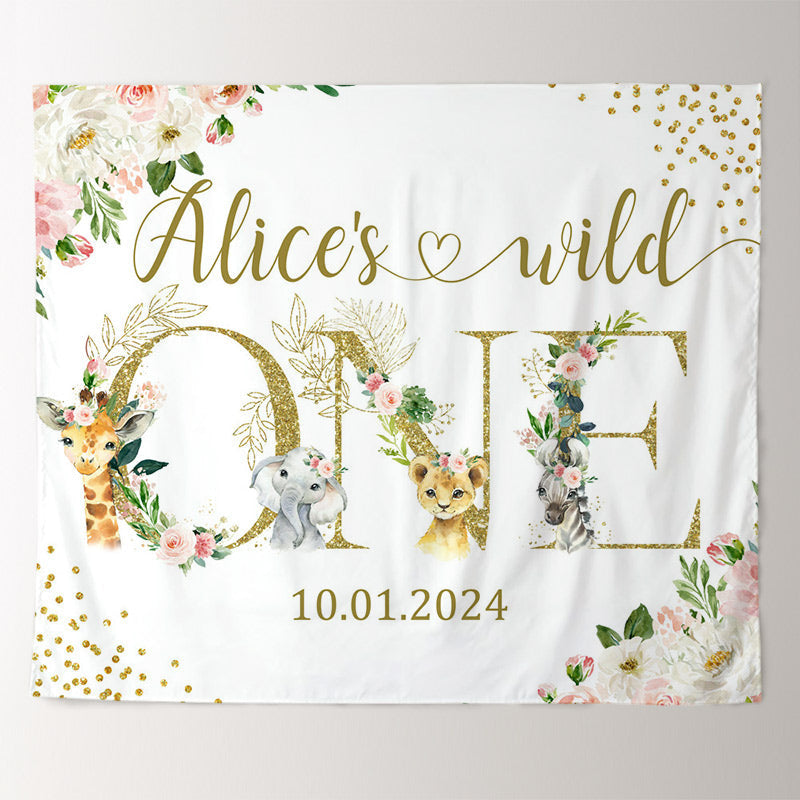 Lofaris Floral Animals White Custom 1st Birthday Backdrop