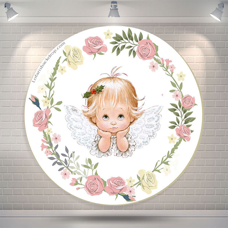 Lofaris Floral Baby Angel Girl Baptism Round Backdrop Cover