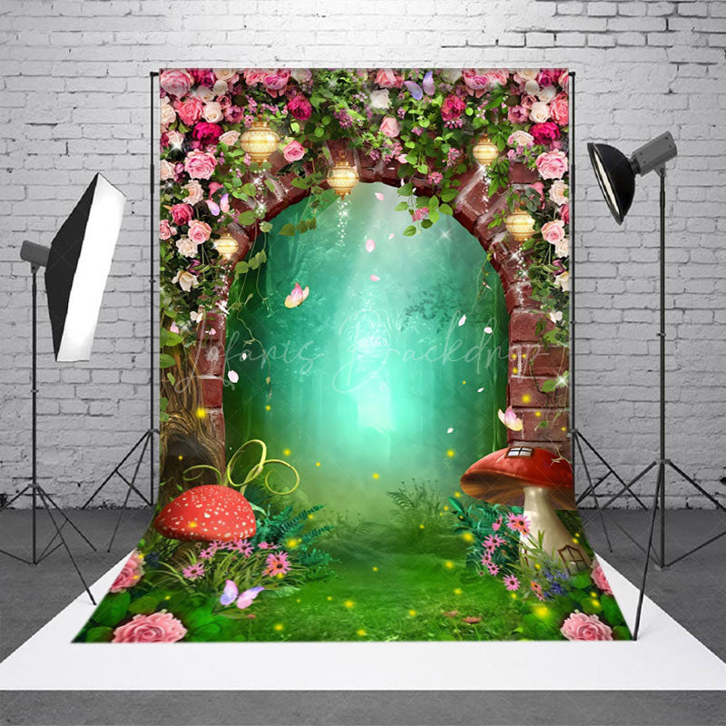 Lofaris Floral Brick Arch Mushroom Firefly Forest Backdrop