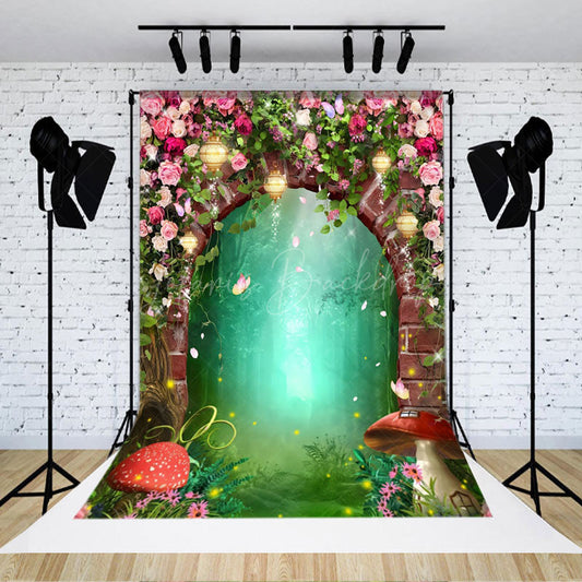 Lofaris Floral Brick Arch Mushroom Firefly Forest Backdrop