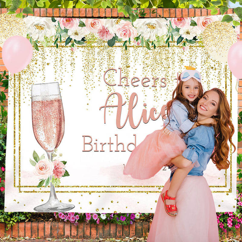 Lofaris Floral Champagne Glitter Custom Birthday Backdrop