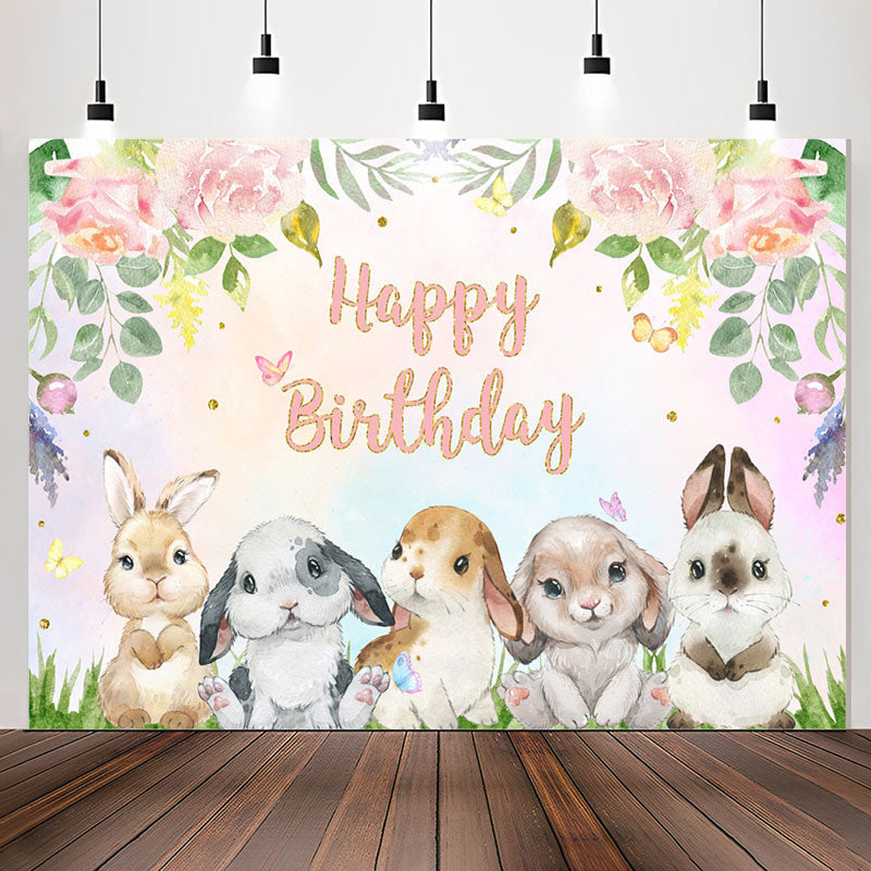 Lofaris Floral Colourful Cute Rabbit Happy Birthday Backdrop