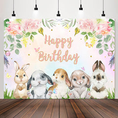 Lofaris Floral Colourful Cute Rabbit Happy Birthday Backdrop