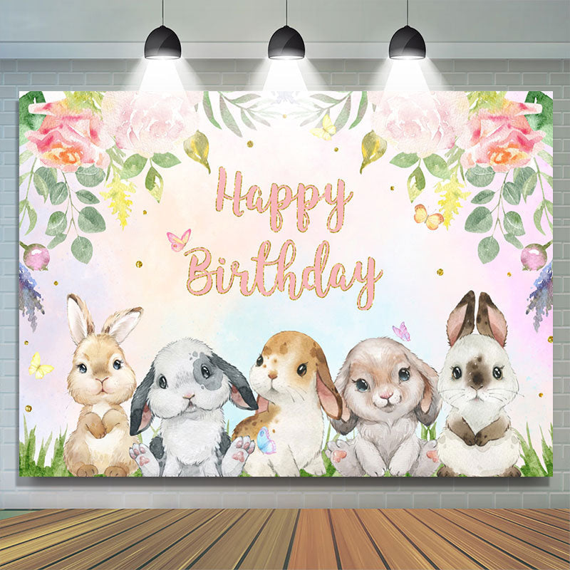Lofaris Floral Colourful Cute Rabbit Happy Birthday Backdrop