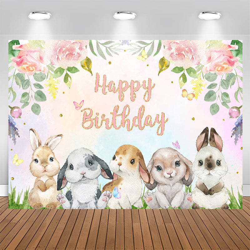 Lofaris Floral Colourful Cute Rabbit Happy Birthday Backdrop