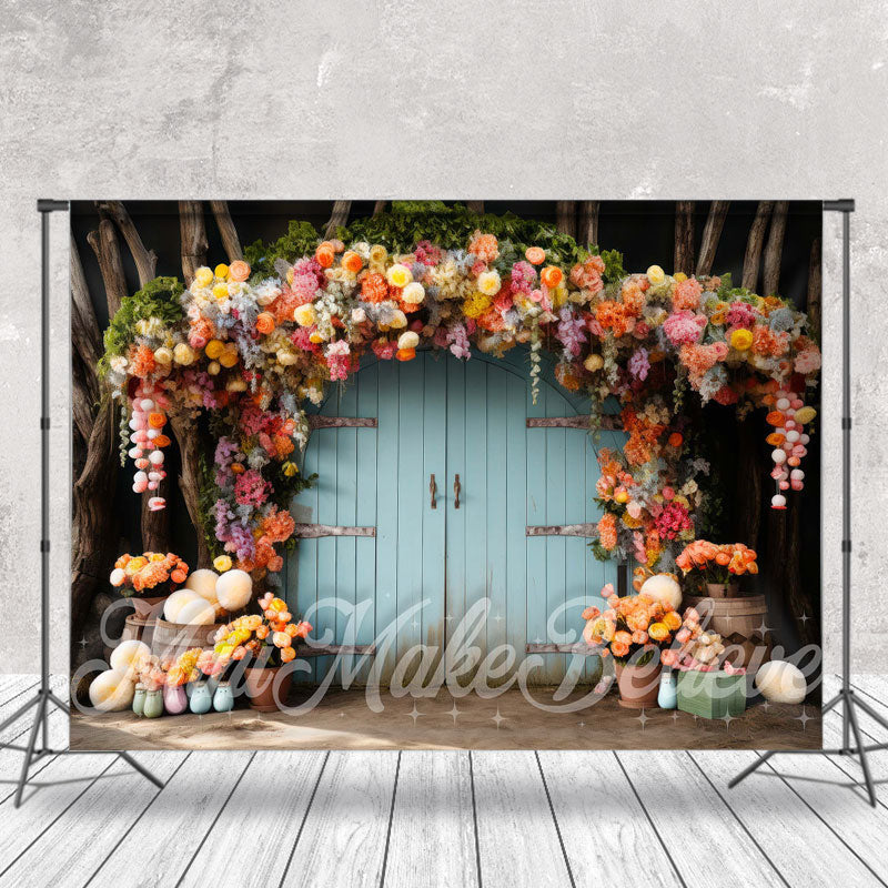 Lofaris Floral Eggs Sticks Blue Wood Door Photo Backdrop