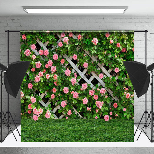 Lofaris Floral Green Grass Fence Spring Photography Backdrop