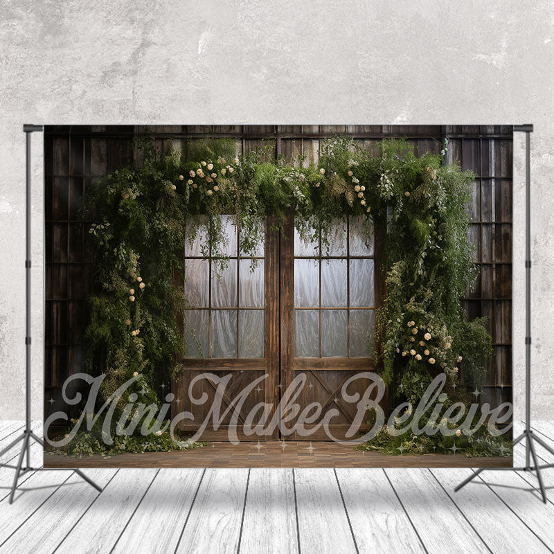 Lofaris Floral Green Leaves Cabin Wood Door Spring Backdrop
