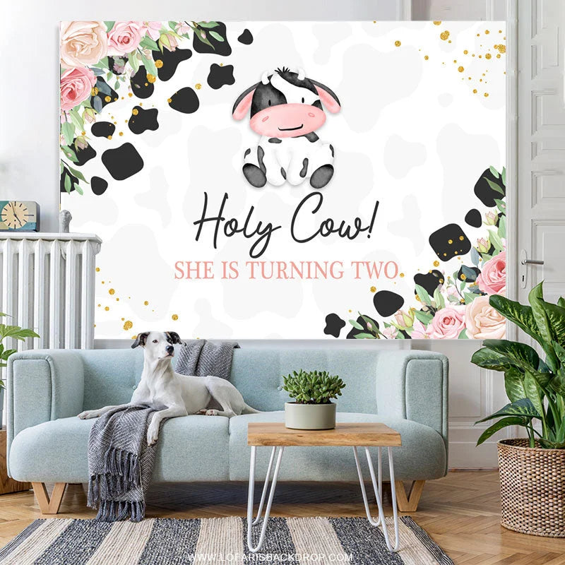 Lofaris Floral Holy Cow Happy 2nd Birthday Backdrop For Girl