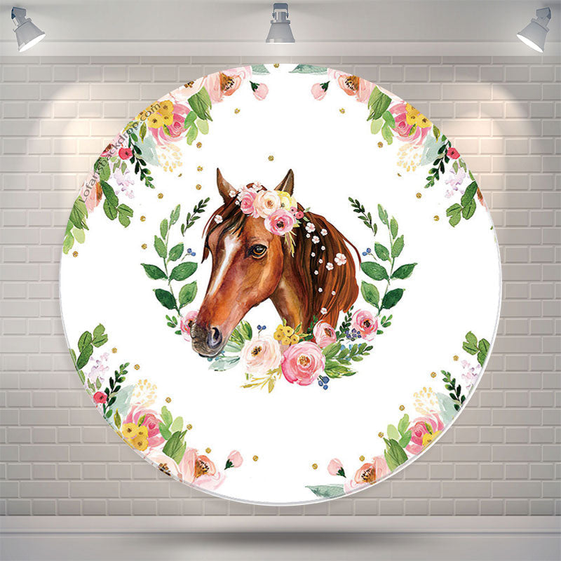 Lofaris Floral Horse Round Birthday Party Backdrop Cover