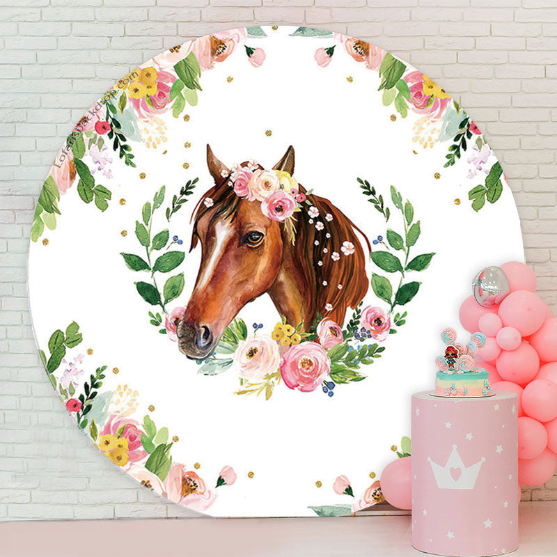 Lofaris Floral Horse Round Birthday Party Backdrop Cover