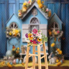 Lofaris Floral House Blue Vintage Wall Easter Photo Backdrop