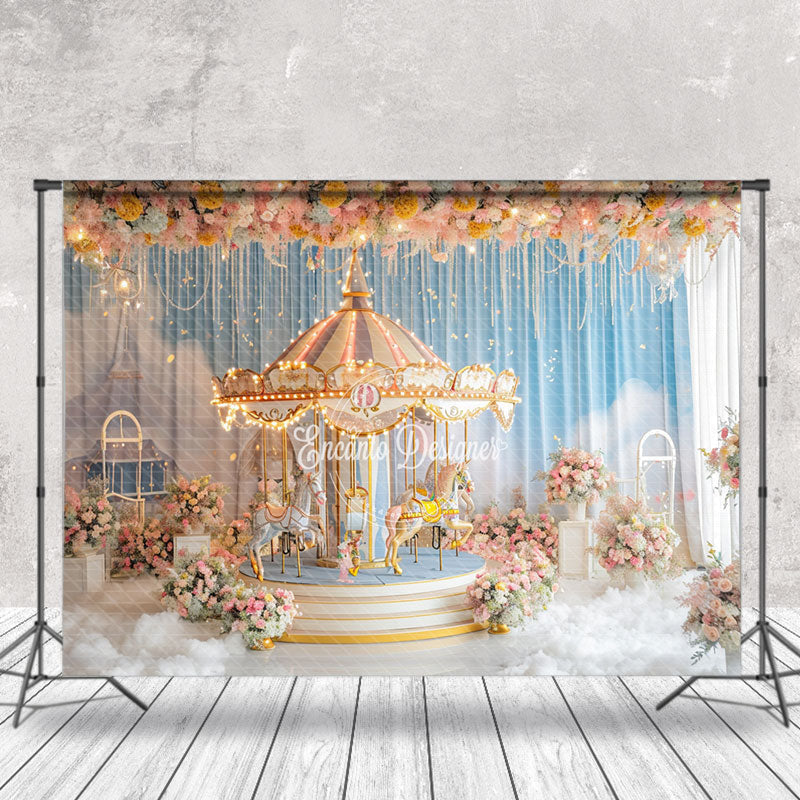 Lofaris Floral Merry Go Round Blue Curtain Cloud Backdrop