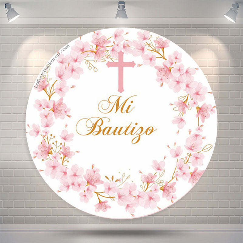Lofaris Floral Mi Bautizo Cross Round Baptism Backdrop