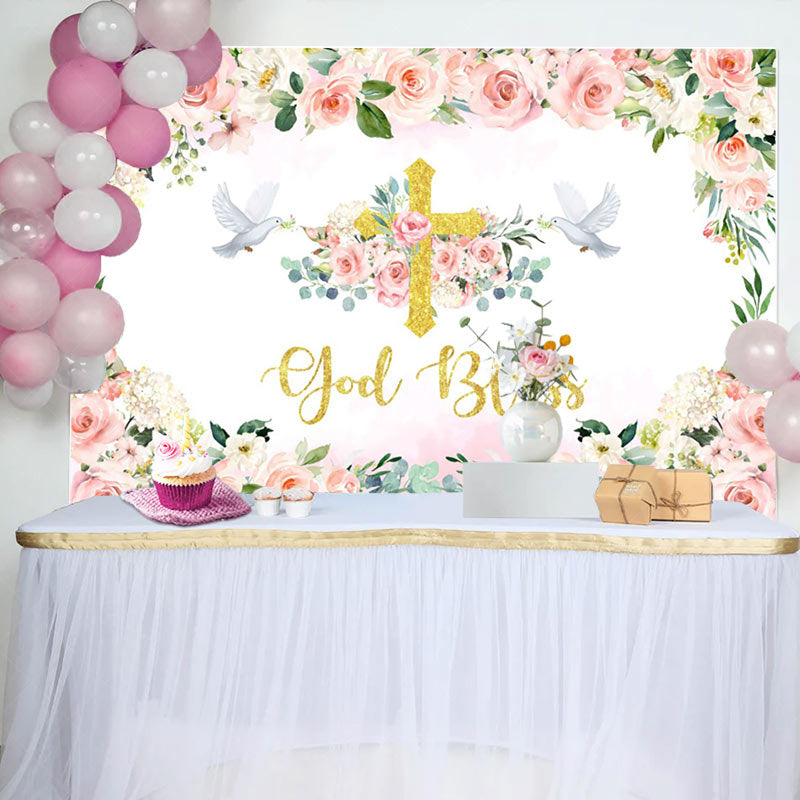 Lofaris Floral Pink God Bless Girl Baptism Backdrop