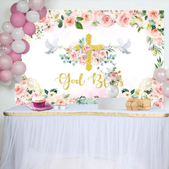 Lofaris Floral Pink God Bless Girl Baptism Backdrop