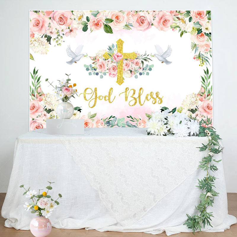 Lofaris Floral Pink God Bless Girl Baptism Backdrop