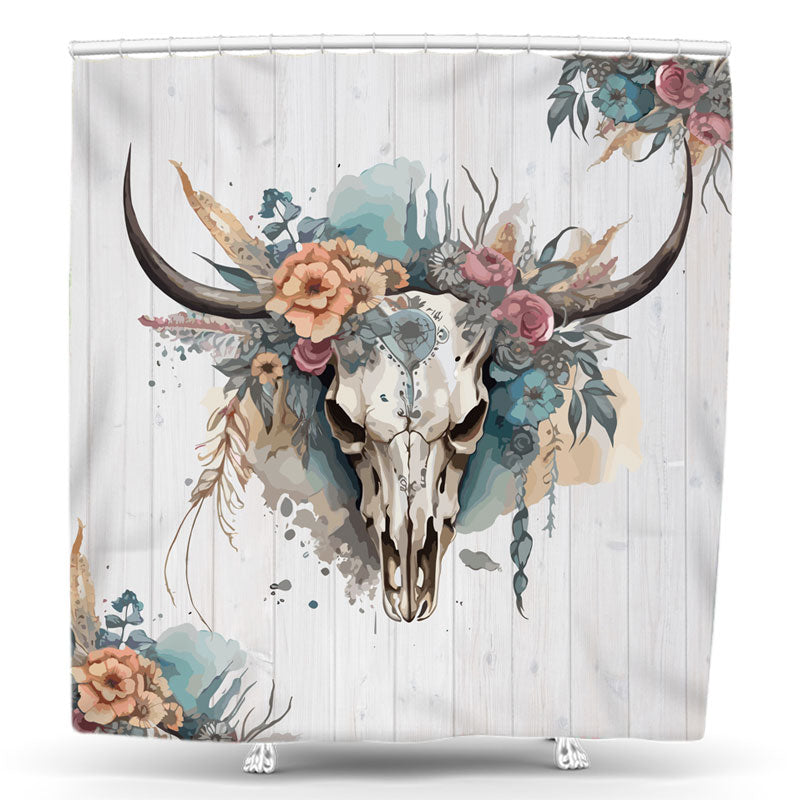 Lofaris Floral Primitive Tribe Cow Head Skull Shower Curtain