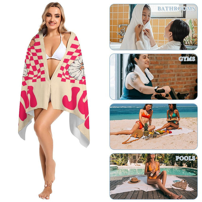 Lofaris Floral Red Plaid Custom Name Beach Towel for Girl