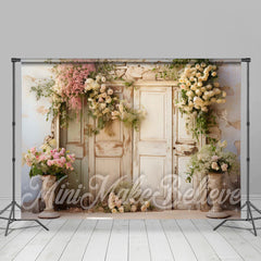 Lofaris Floral Shabby Wooden Door Brick Wall Spring Backdrop