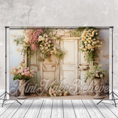 Lofaris Floral Shabby Wooden Door Brick Wall Spring Backdrop