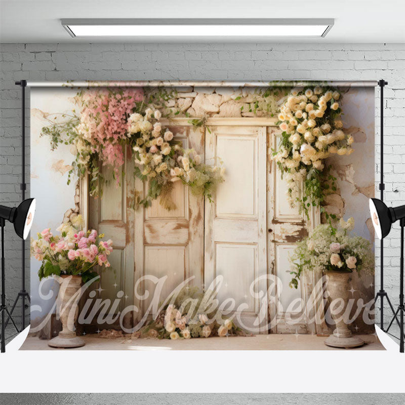 Lofaris Floral Shabby Wooden Door Brick Wall Spring Backdrop