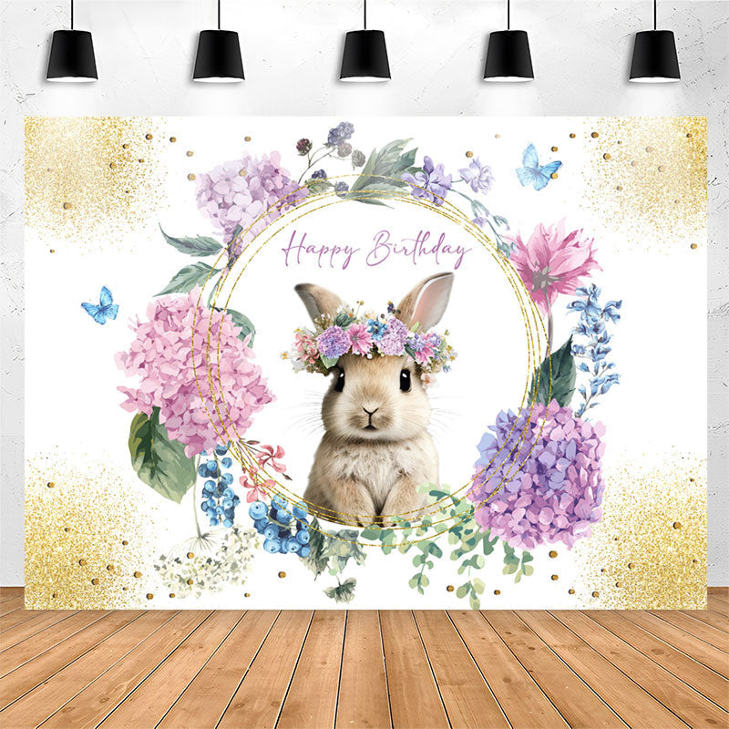 Lofaris Floral Sparkle Gold Rabbit Happy Birthday Backdrop