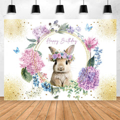 Lofaris Floral Sparkle Gold Rabbit Happy Birthday Backdrop