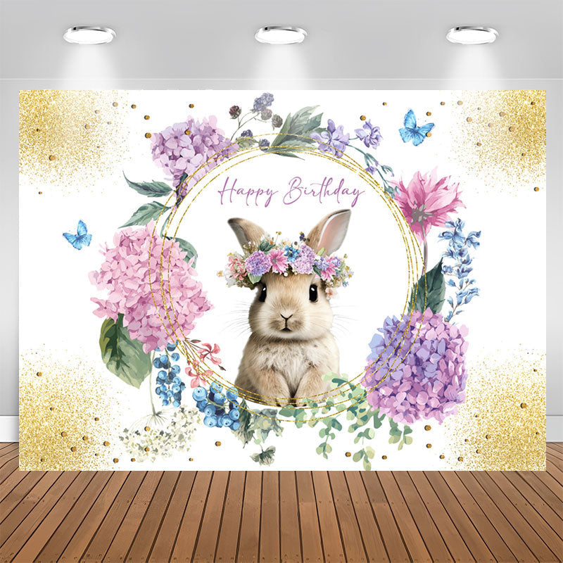 Lofaris Floral Sparkle Gold Rabbit Happy Birthday Backdrop