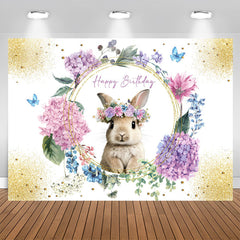 Lofaris Floral Sparkle Gold Rabbit Happy Birthday Backdrop
