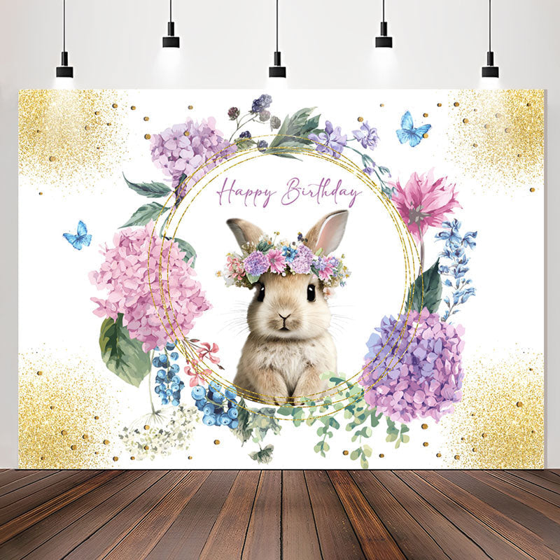 Lofaris Floral Sparkle Gold Rabbit Happy Birthday Backdrop