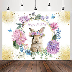 Lofaris Floral Sparkle Gold Rabbit Happy Birthday Backdrop
