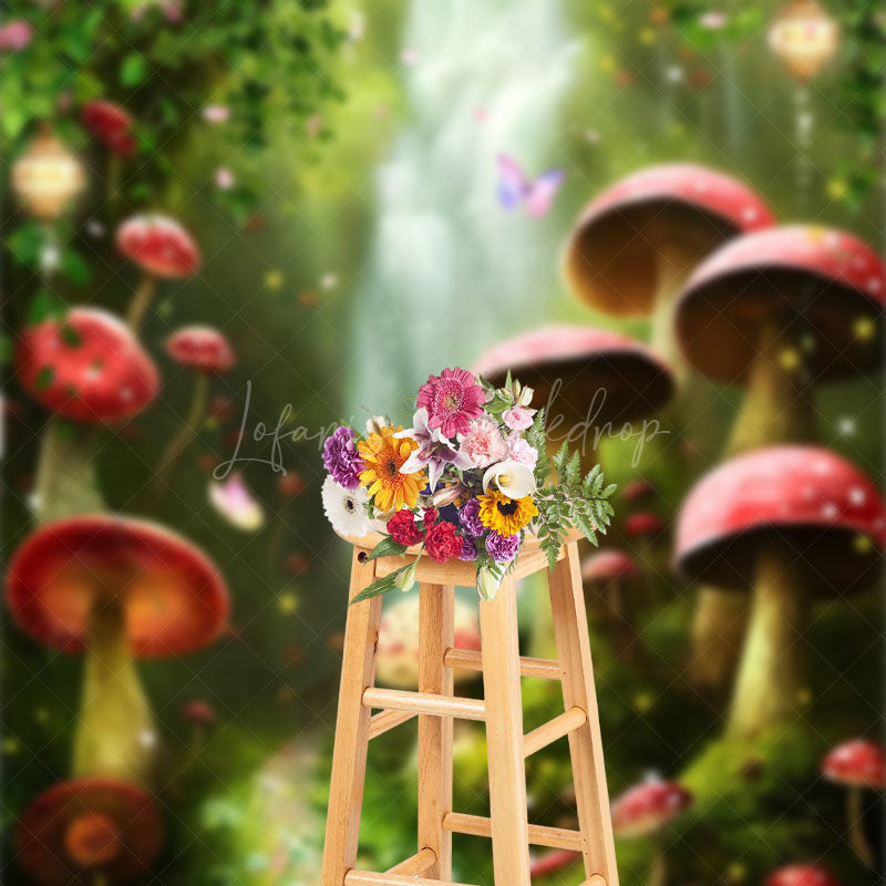 Lofaris Floral Waterfall Mushrooms Grass Photography Backdrop