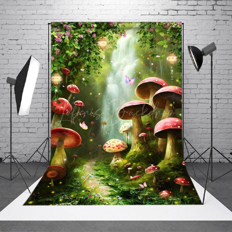 Lofaris Floral Waterfall Mushrooms Grass Photography Backdrop