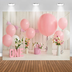 Lofaris Floral Wooden Wall Pink Balloon 1st Birthday Backdrop