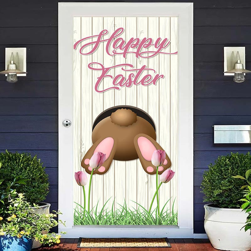 Lofaris Flower Brown Rabbit Hole Wooden Easter Door Cover
