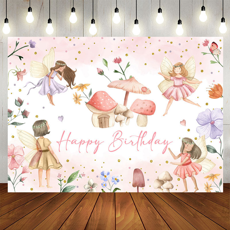 Lofaris Flower Fairy Mushroom Girls Happy Birthday Backdrop