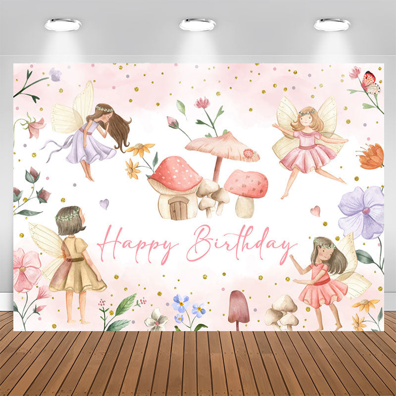 Lofaris Flower Fairy Mushroom Girls Happy Birthday Backdrop