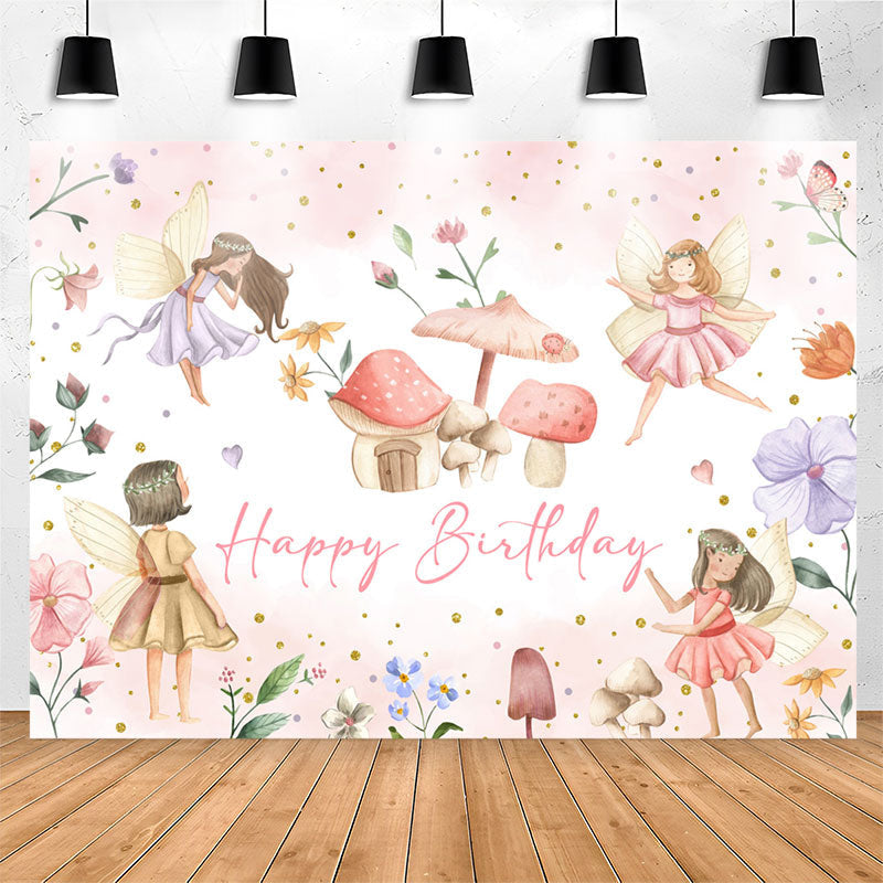 Lofaris Flower Fairy Mushroom Girls Happy Birthday Backdrop