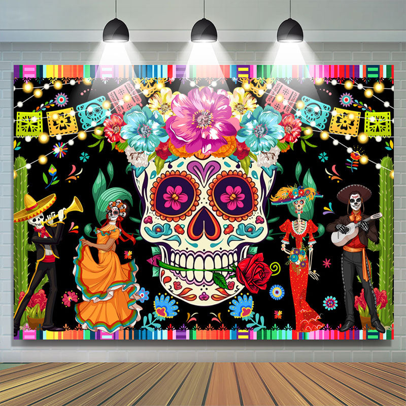 Lofaris Flower Mexican Fiesta Sugar Skull Halloween Backdrop