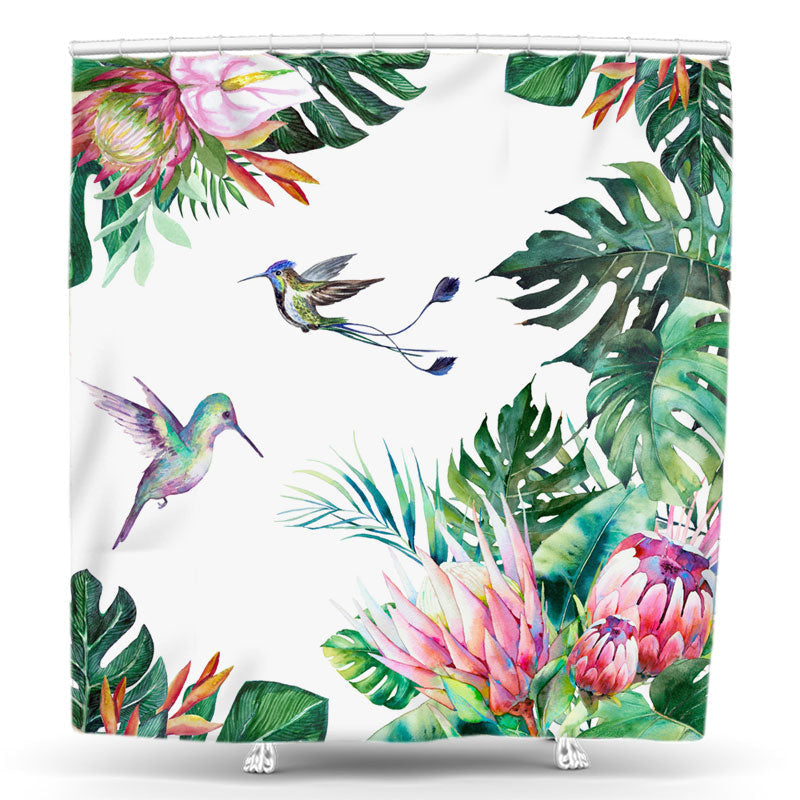 Lofaris Flower Monstera Leaves Birds Jungle Shower Curtain