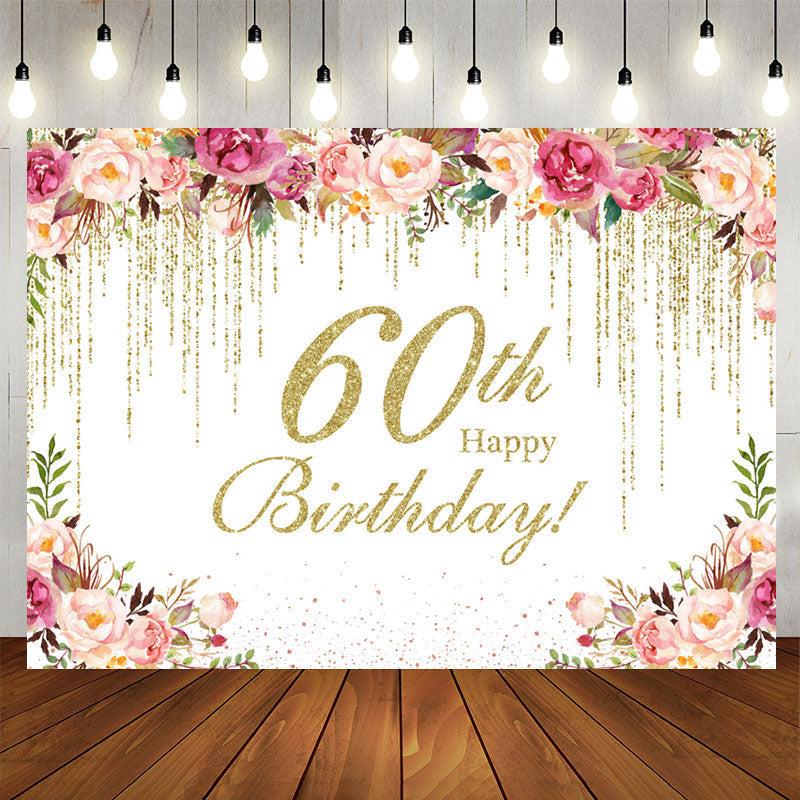 Lofaris Flower Splashed Gold 60th Happy Birthday Backdrop